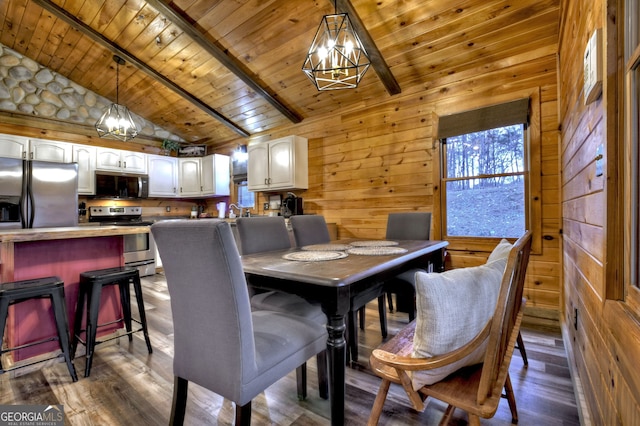 dining room featuring wood-type flooring, lofted ceiling with beams, wooden walls, and wood ceiling