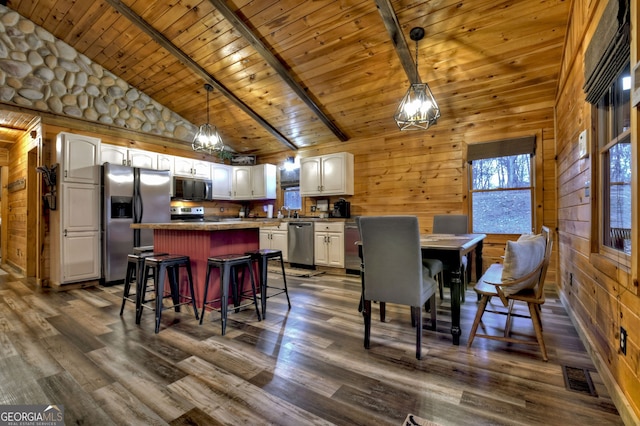 dining room with high vaulted ceiling, wooden walls, dark hardwood / wood-style floors, beamed ceiling, and wood ceiling