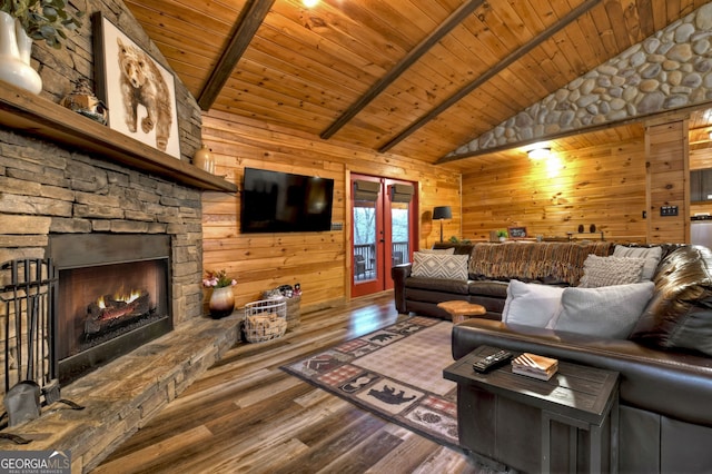 living room featuring lofted ceiling with beams, hardwood / wood-style flooring, wooden walls, and wood ceiling