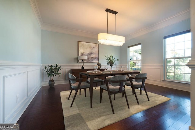 dining room with ornamental molding and dark hardwood / wood-style flooring