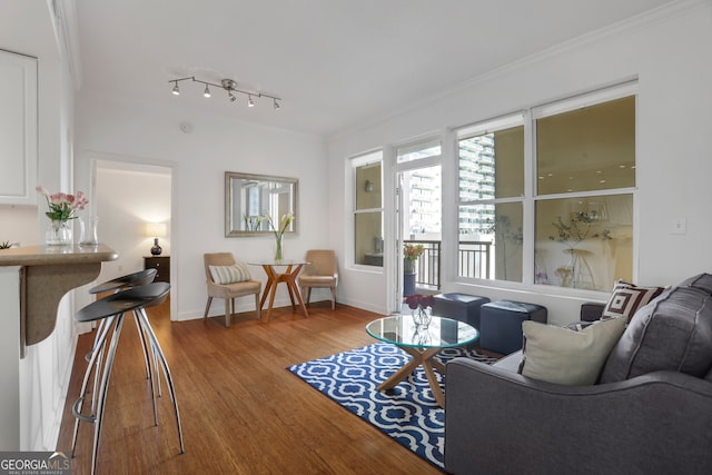 living room with crown molding and light wood-type flooring