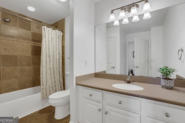 full bathroom with vanity, shower / bath combo, toilet, and tile patterned flooring