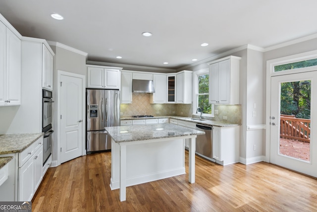 kitchen featuring ventilation hood, light hardwood / wood-style floors, stainless steel appliances, and a healthy amount of sunlight