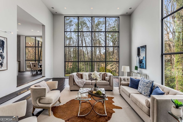 living room with a wealth of natural light, expansive windows, and a high ceiling