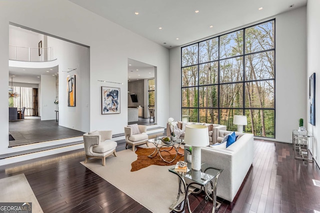 living room with wood-type flooring, floor to ceiling windows, plenty of natural light, and a towering ceiling