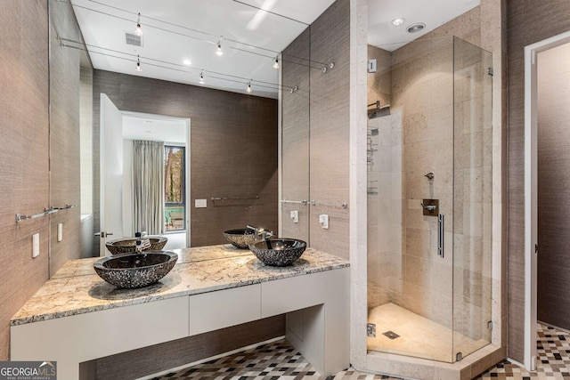 bathroom with double vanity, a shower stall, and a sink