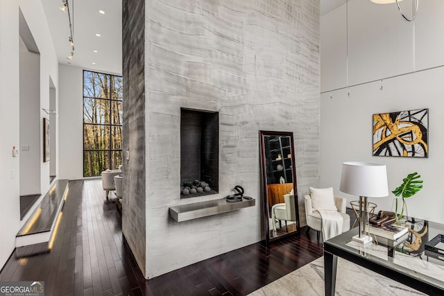 living area with a towering ceiling, hardwood / wood-style flooring, and a wall of windows