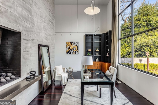 interior space featuring a high ceiling and wood finished floors