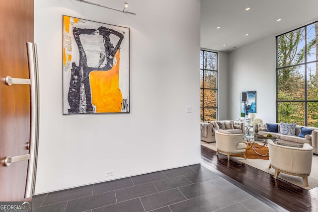 sitting room with dark wood-style floors, plenty of natural light, floor to ceiling windows, and recessed lighting