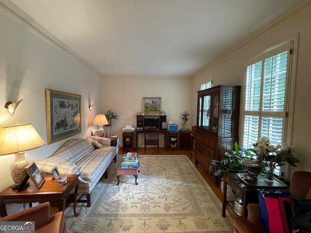 living room featuring crown molding and hardwood / wood-style floors