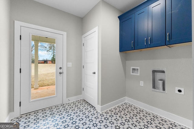 washroom with cabinets, hookup for a washing machine, and electric dryer hookup