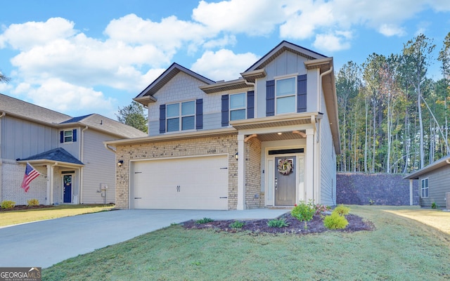 view of front of house with a front lawn and a garage