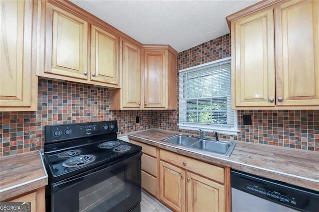 kitchen featuring stainless steel dishwasher, sink, backsplash, and black electric range