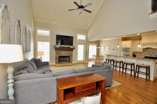 living room with a wealth of natural light, light hardwood / wood-style floors, a fireplace, and high vaulted ceiling