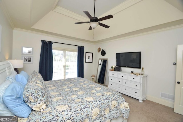 bedroom with ceiling fan, ornamental molding, and light colored carpet