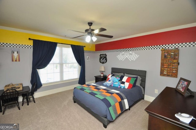 bedroom featuring ceiling fan, crown molding, and light colored carpet