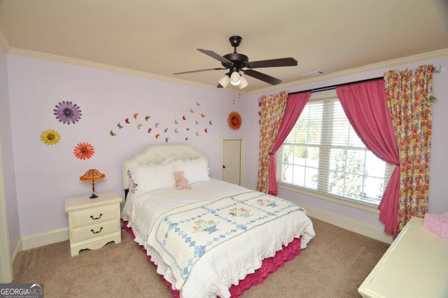 bedroom with crown molding, carpet flooring, and ceiling fan