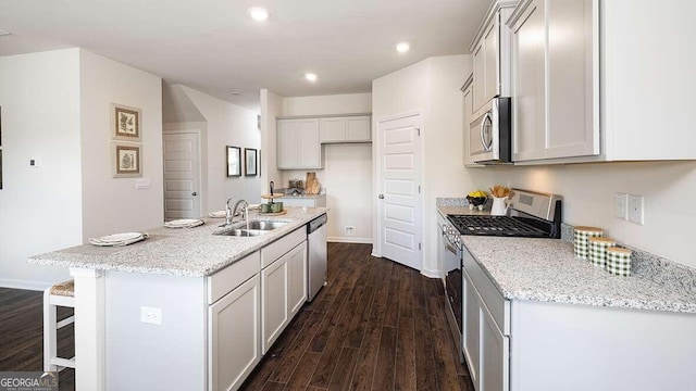 kitchen with sink, light stone counters, dark hardwood / wood-style floors, a kitchen island with sink, and appliances with stainless steel finishes