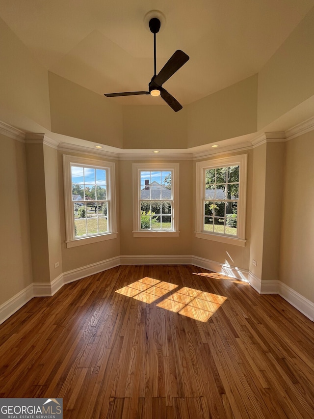 spare room with ceiling fan, a towering ceiling, and dark hardwood / wood-style flooring