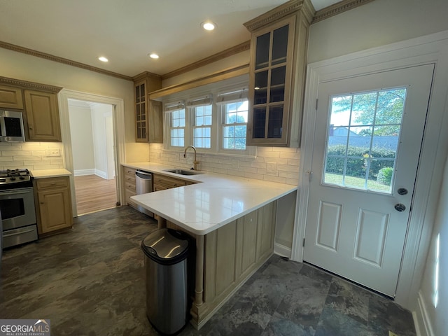 kitchen featuring kitchen peninsula, backsplash, sink, crown molding, and stainless steel appliances