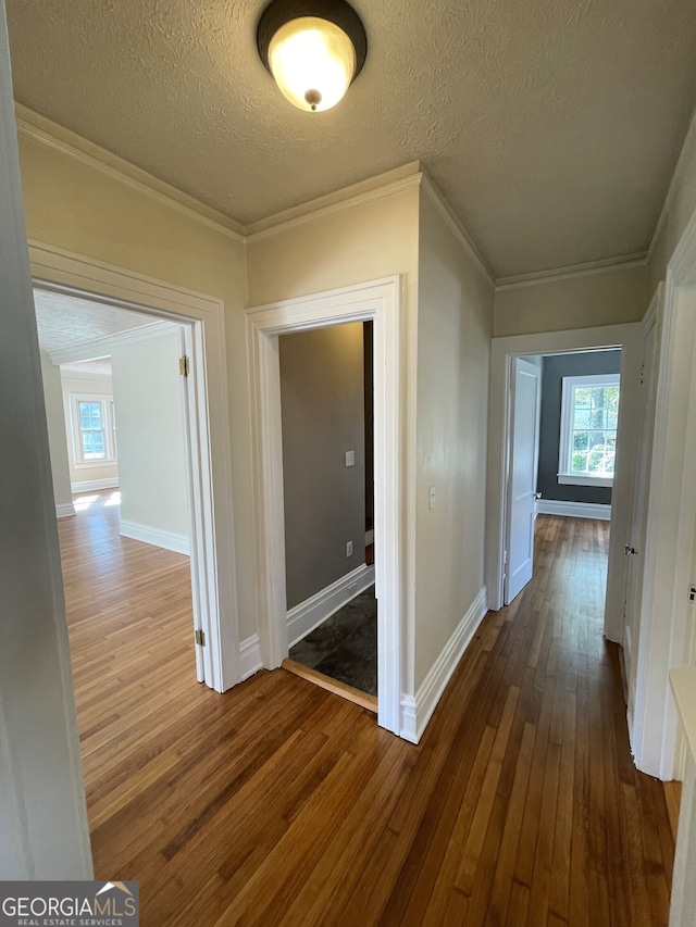 hall with ornamental molding, hardwood / wood-style floors, and a textured ceiling