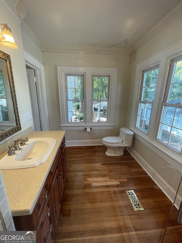 425 E 9th St SE, Rome, GA 30161 - bathroom featuring ornamental molding, wood finished floors, vanity, toilet, and baseboards