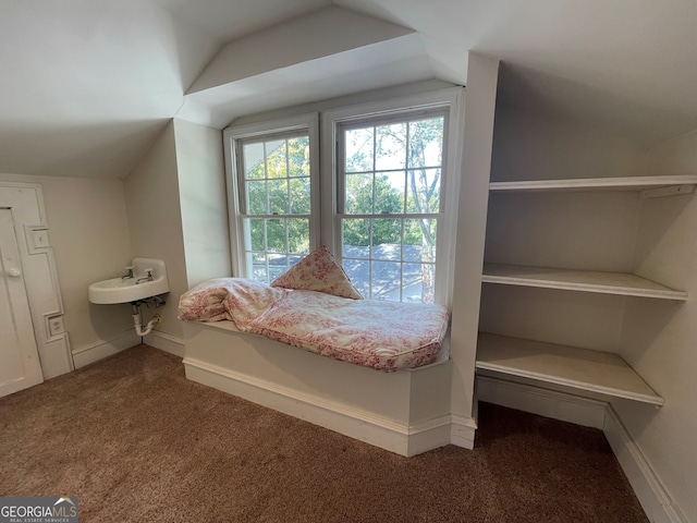 unfurnished bedroom with lofted ceiling, carpet, and sink