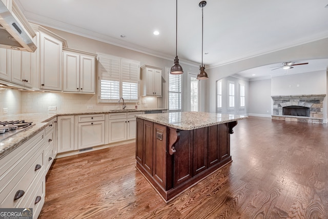 kitchen featuring extractor fan, ceiling fan, crown molding, pendant lighting, and light hardwood / wood-style flooring