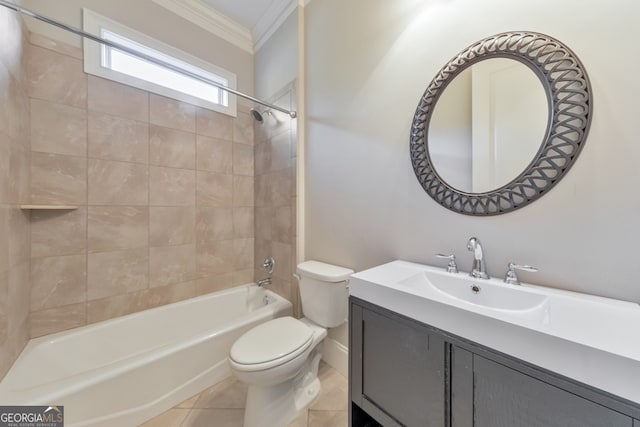 full bathroom with tile patterned floors, vanity, tiled shower / bath combo, crown molding, and toilet