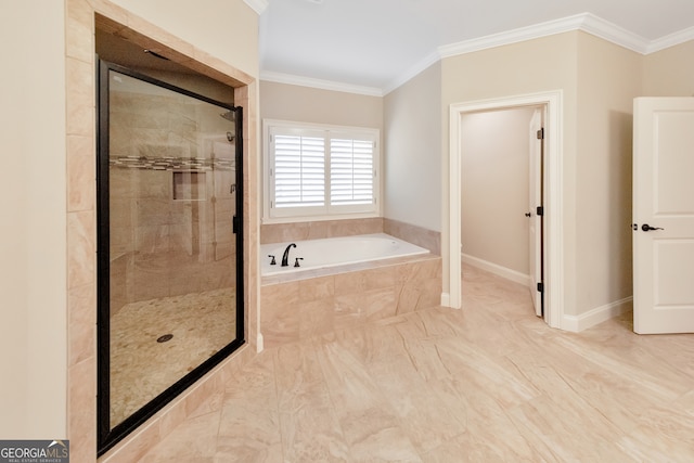 bathroom with separate shower and tub and crown molding