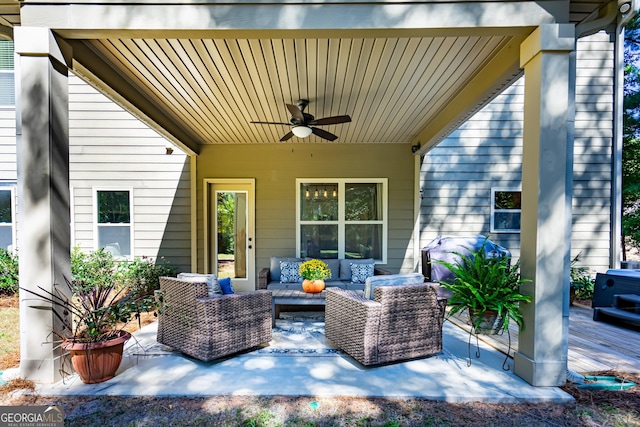 view of patio with ceiling fan and outdoor lounge area