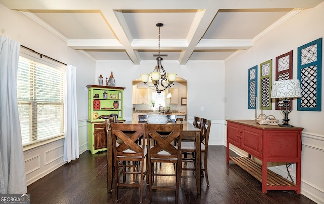 dining space with beamed ceiling, dark hardwood / wood-style floors, coffered ceiling, and a chandelier