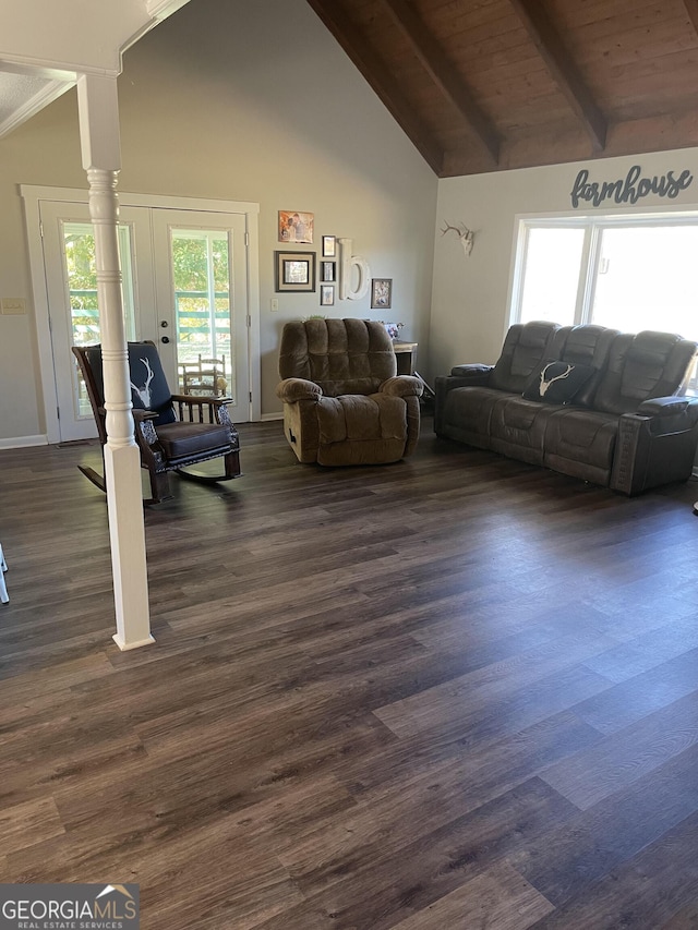 living room featuring wooden ceiling, dark wood-type flooring, beamed ceiling, high vaulted ceiling, and decorative columns