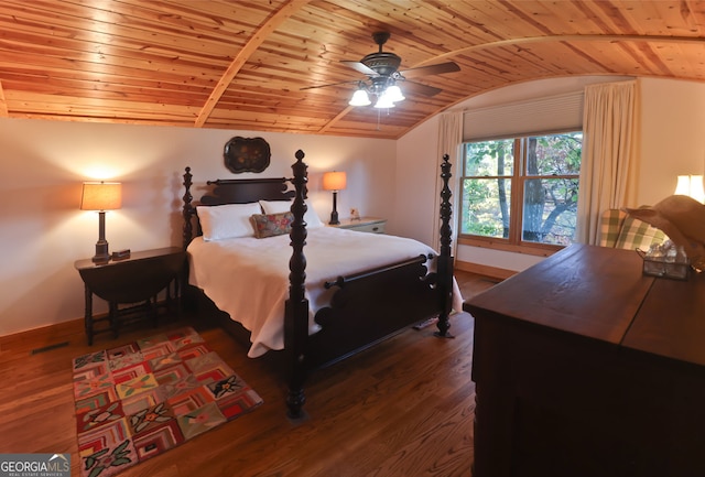 bedroom with lofted ceiling, hardwood / wood-style flooring, wooden ceiling, and ceiling fan