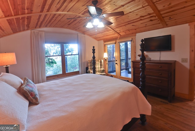 bedroom with lofted ceiling, access to exterior, hardwood / wood-style floors, and wooden ceiling