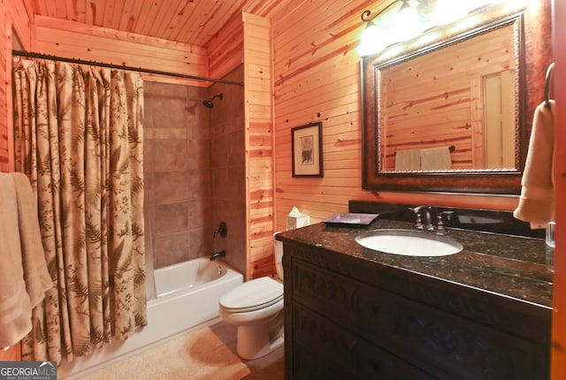 full bathroom featuring shower / bathtub combination with curtain, wooden walls, vanity, wooden ceiling, and toilet