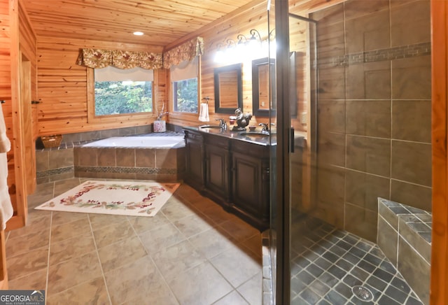 bathroom with tile patterned flooring, wooden walls, vanity, wooden ceiling, and shower with separate bathtub