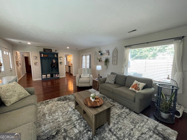 living room featuring a textured ceiling and dark hardwood / wood-style flooring