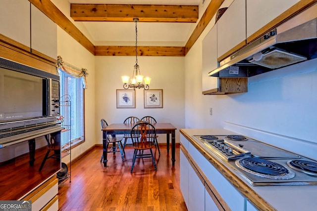 kitchen with stainless steel appliances, pendant lighting, ventilation hood, and white cabinets