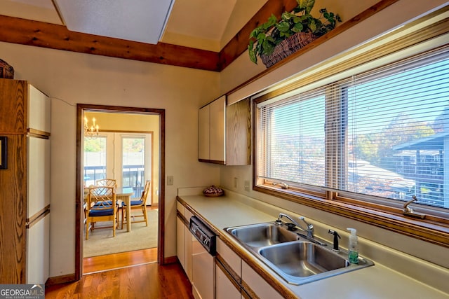 kitchen with a wealth of natural light, sink, hardwood / wood-style floors, and white dishwasher