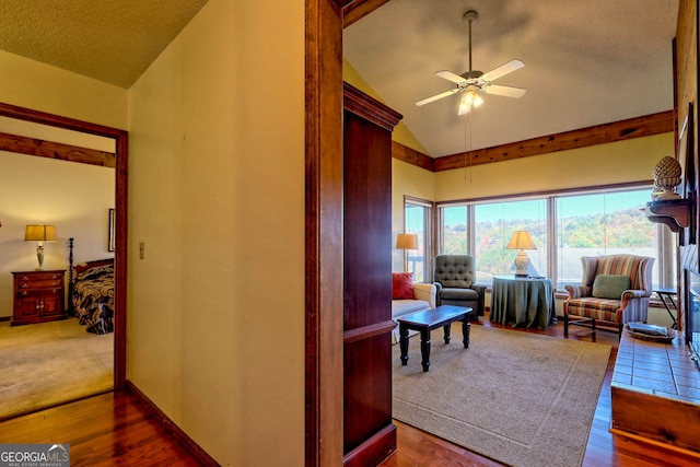 interior space with a textured ceiling, high vaulted ceiling, dark wood-type flooring, and ceiling fan