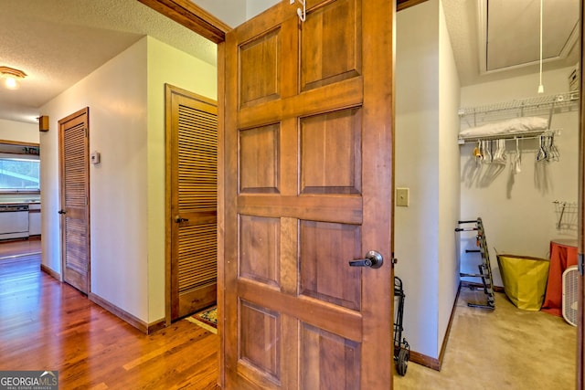 hall featuring a textured ceiling and light hardwood / wood-style flooring