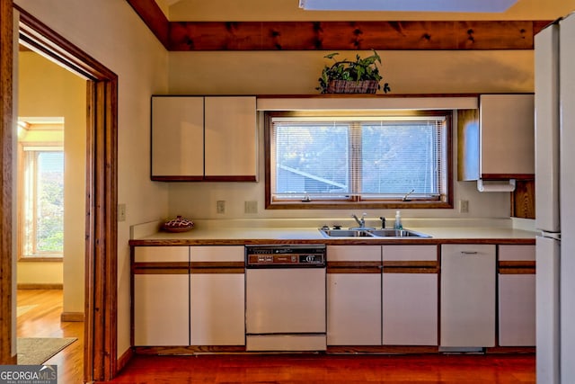 kitchen featuring sink, light wood-type flooring, and white appliances