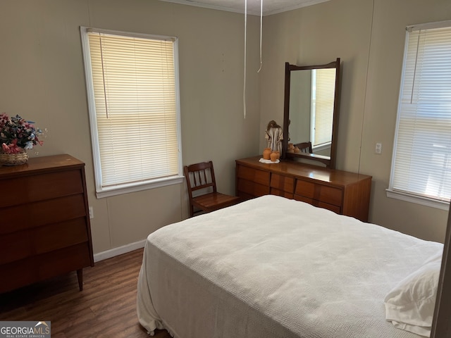 bedroom featuring ornamental molding, multiple windows, and dark hardwood / wood-style floors