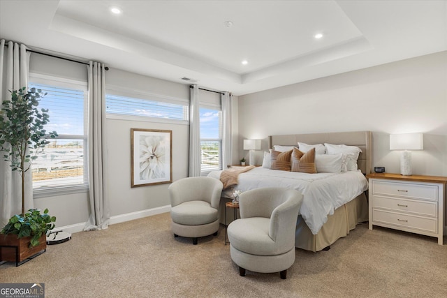 carpeted bedroom with a tray ceiling