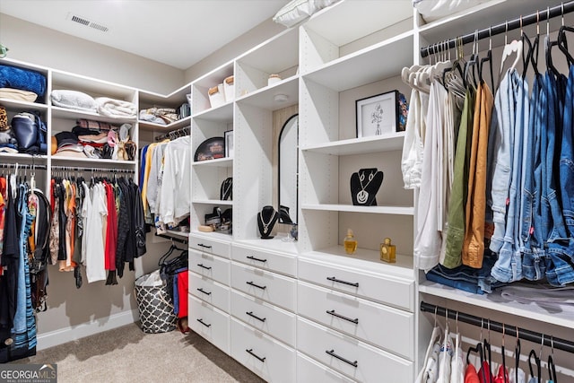 walk in closet with light carpet