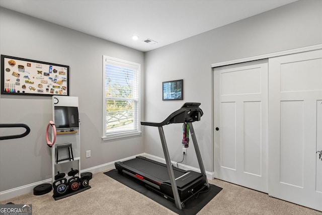 workout room with plenty of natural light and light carpet