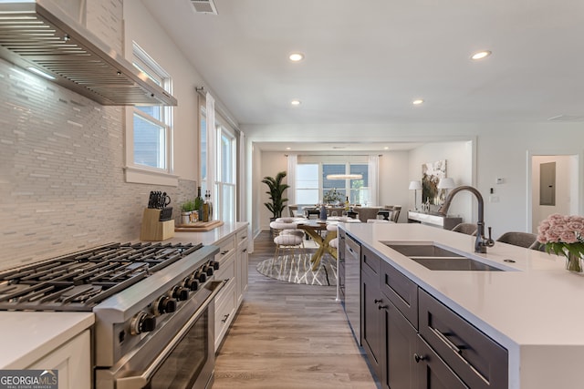 kitchen with sink, backsplash, light hardwood / wood-style floors, stainless steel appliances, and wall chimney exhaust hood