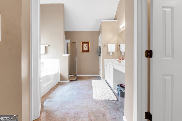 bathroom featuring vanity and a washtub