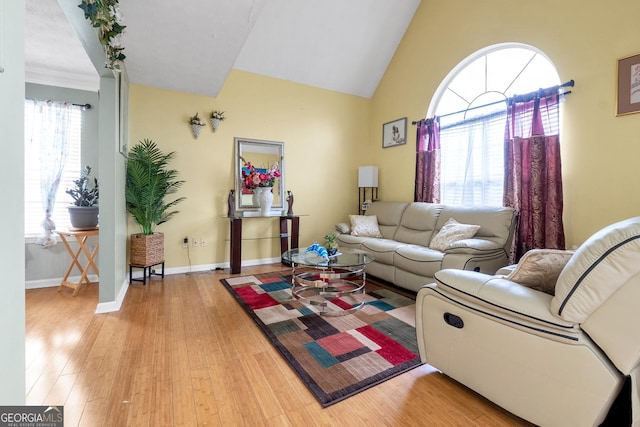 living room with lofted ceiling and light hardwood / wood-style floors